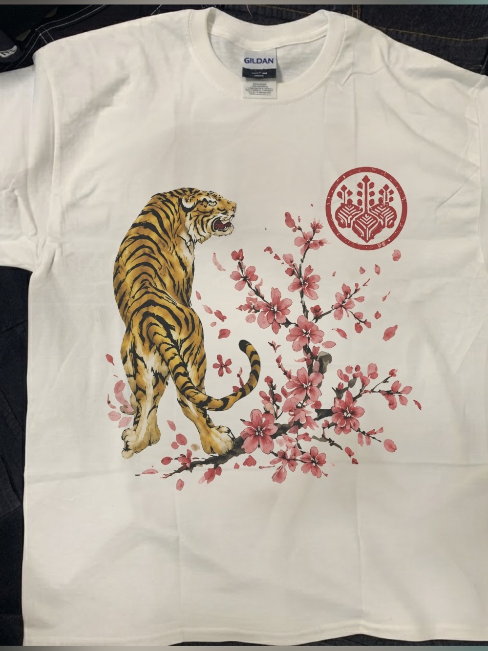 Gildan Unisex’s White Tee with Tiger & Pink Blossom Graphic